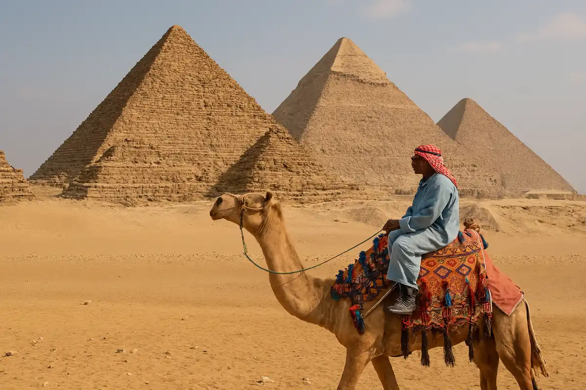A photo of the Great Pyramids of Giza with a person on a camel in the foreground.