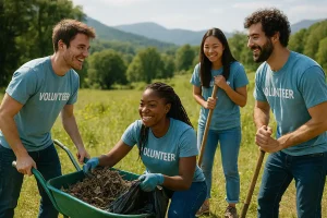 A group of diverse volunteers working together in a beautiful outdoor setting, symbolizing community and adventure.