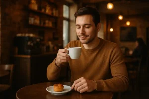 A person enjoying a cup of coffee and a small pastry in a cozy, authentic coffee shop, symbolizing an affordable and pleasant travel experience