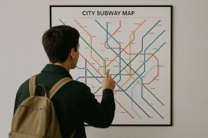 A person looking at a city subway map, symbolizing the confidence and knowledge needed to navigate public transport like a pro.