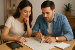 Husband with wife carefully planning their route on a map, symbolizing strategic, smart travel planning