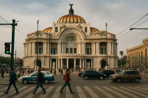 The iconic Palacio de Bellas Artes in Mexico City with a bustling street scene in the foreground