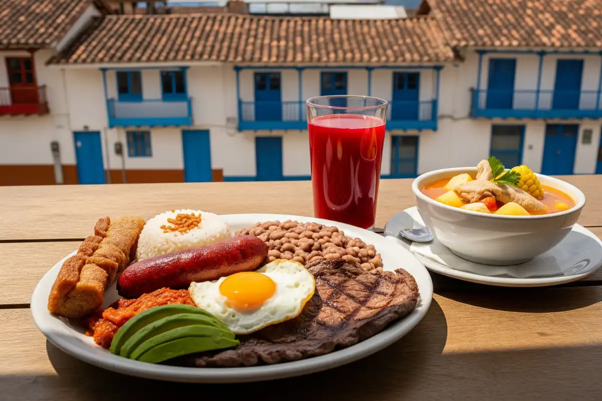 A photo of a local Colombian meal with a main dish, soup, and juice.