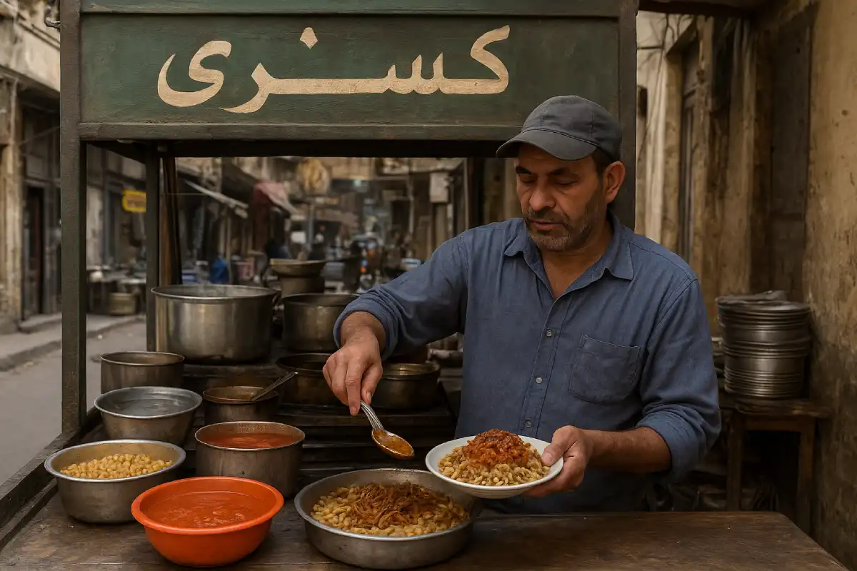 A photo of a local Egyptian food stall selling koshari.