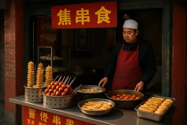 A photo of a local food stall in Beijing selling street snacks.