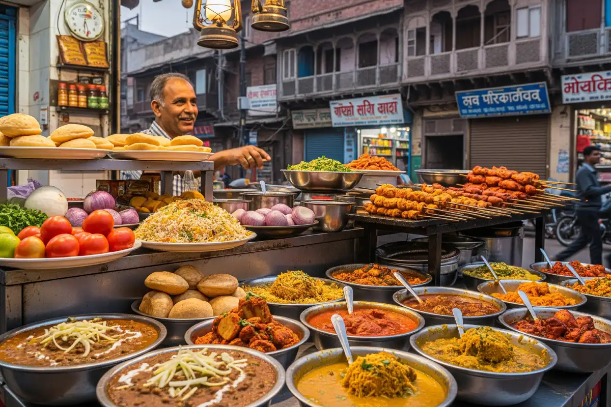 A photo of a local food stall in Delhi with various dishes.