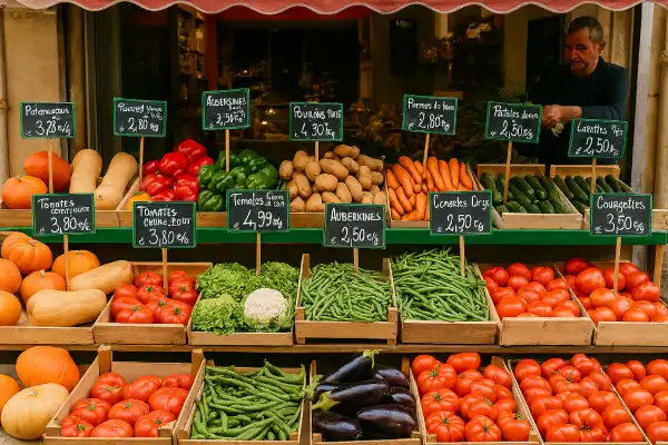 A photo of a local market stall with fresh produce in Marseille.