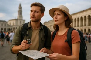 Man and woman with a compass and a map, looking away from a crowded, stereotypical tourist spot, symbolizing a traveler's quest for authentic experiences
