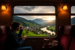 A person looking out a train window at a beautiful European landscape, symbolizing the adventure of train travel