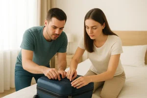 Man and woman zipping up a small suitcase, symbolizing the art of packing light and efficiently.