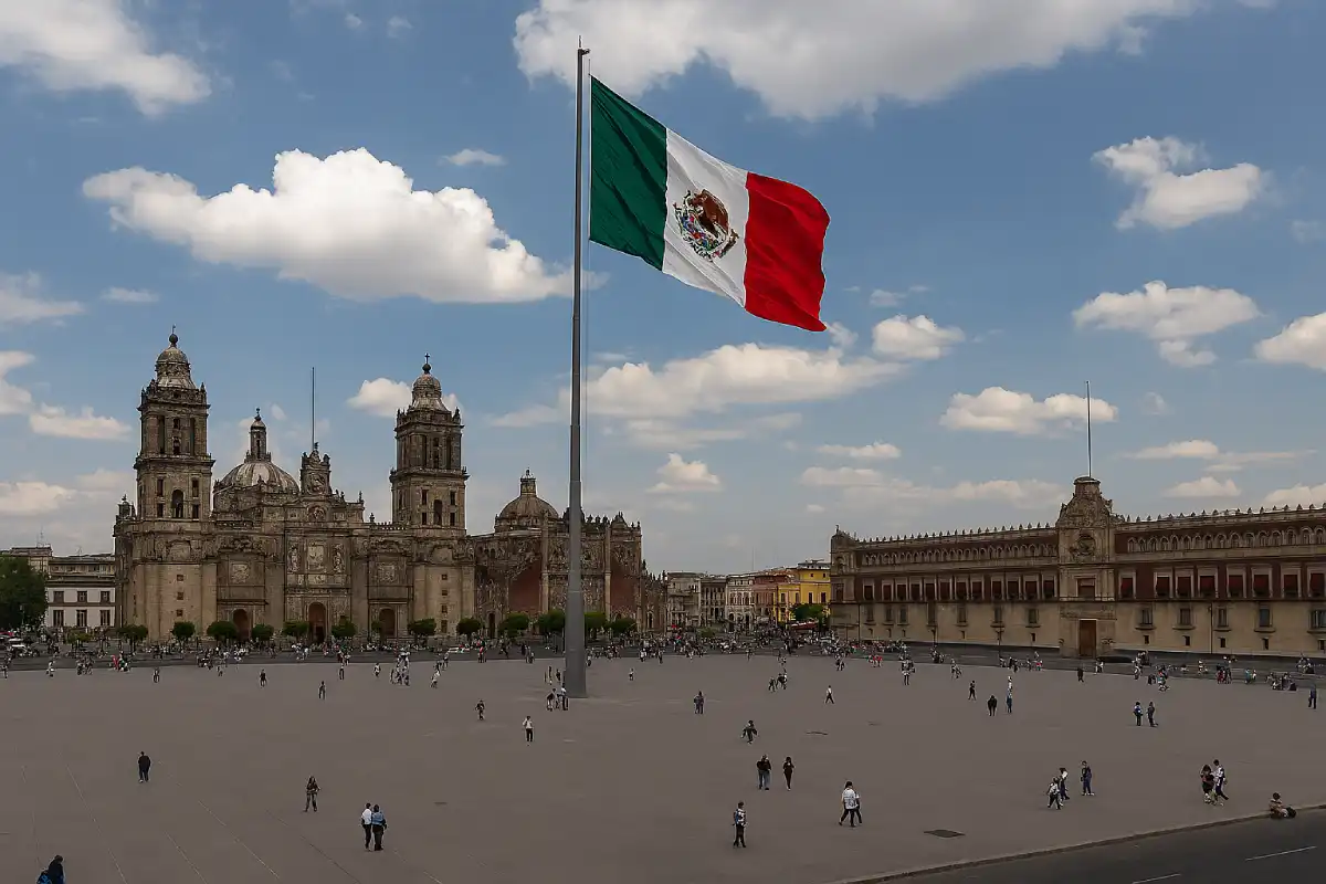 A wide shot of the Zócalo, Mexico City's main square, with the cathedral and national palace.