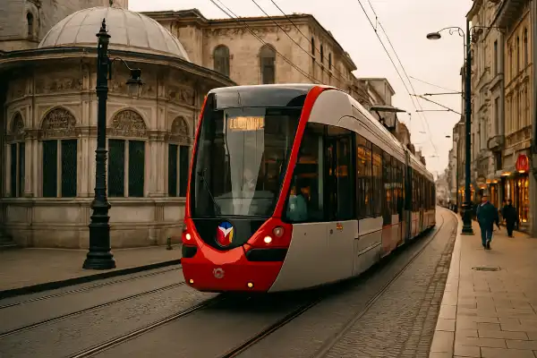 A photo of a modern tram in Istanbul traveling through a historic street.