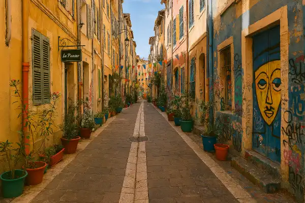A photo of a narrow, colorful alleyway in Le Panier.