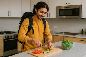 A person with a backpack, chopping vegetables in a communal kitchen, symbolizing the joy and practicality of cooking while traveling