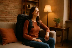 A person with a backpack relaxing in a cozy, authentic setting, symbolizing the freedom of finding free accommodation
