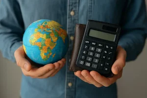 A person holding a globe, a wallet, and a calculator, symbolizing a strategic and budget-conscious approach to world travel.