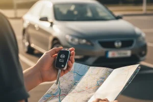 A person holding a car key and a map in front of a rental car, symbolizing smart planning and control over the travel experience.