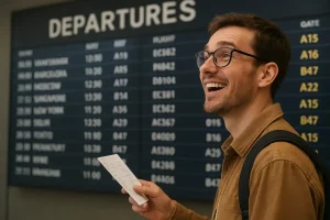 A person looking at a flight display board with a sense of excitement and planning
