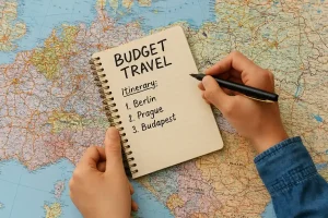 A person holding a notebook and a pen, strategically planning their budget travel itinerary on a map.