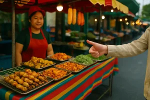 A person pointing at a vibrant street food stall, symbolizing the act of choosing a safe and delicious option