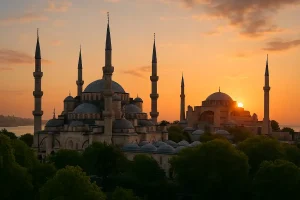 A photo of the Blue Mosque and Hagia Sophia in Istanbul at sunset, symbolizing a magical and affordable trip