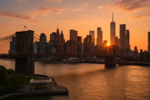 A photo of the Brooklyn Bridge with the Manhattan skyline at sunset, symbolizing an affordable but epic trip to NYC.