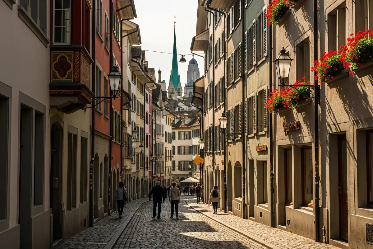 A photo of a charming, narrow street in Zurich's Old Town.