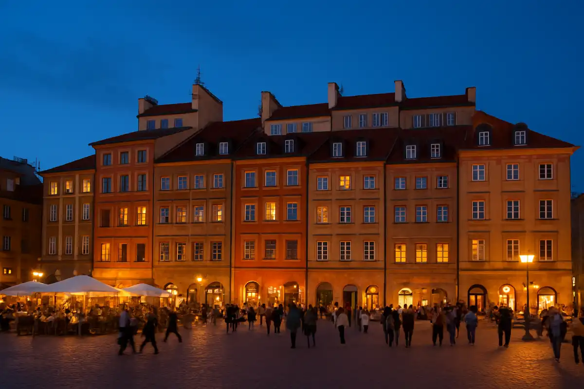 A photo of the colorful buildings in Warsaw's Old Town Market Square.