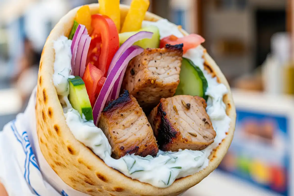 A photo of a delicious Greek souvlaki wrap.