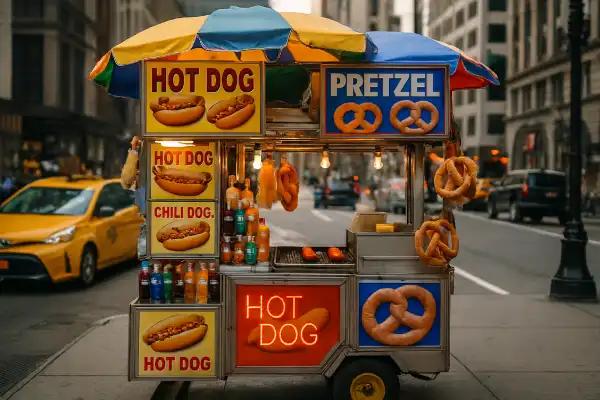 A photo of a food cart in NYC selling hot dogs and pretzels.