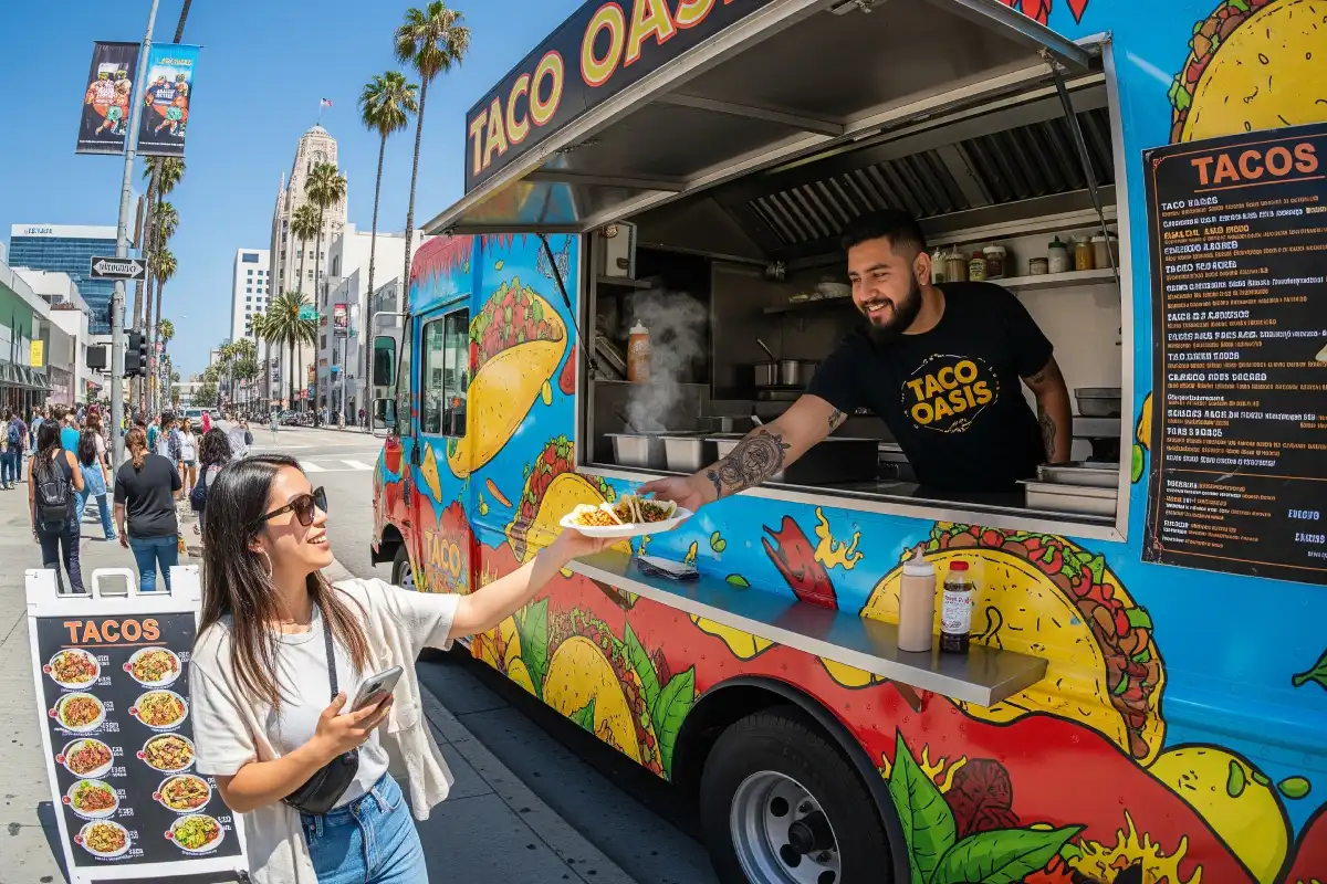A photo of a vibrant food truck serving tacos in Los Angeles.