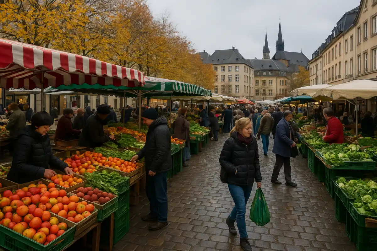 A photo of a local food market in Luxembourg City.