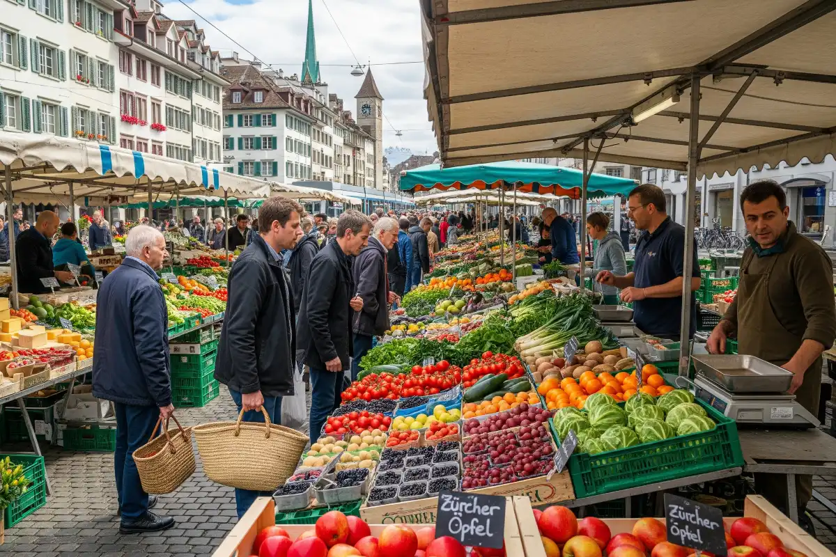 A photo of a local produce market in Zurich.