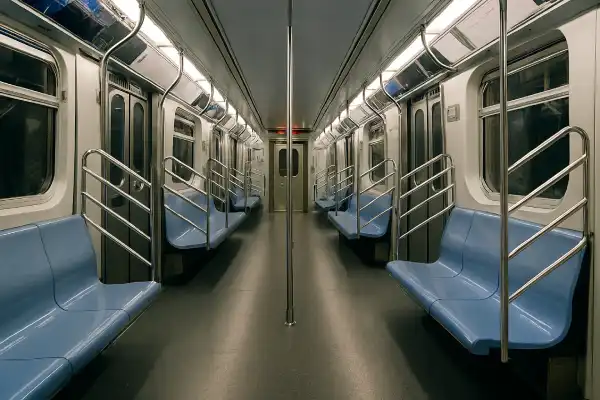 A photo of a modern NYC subway car, clean and ready for travel.