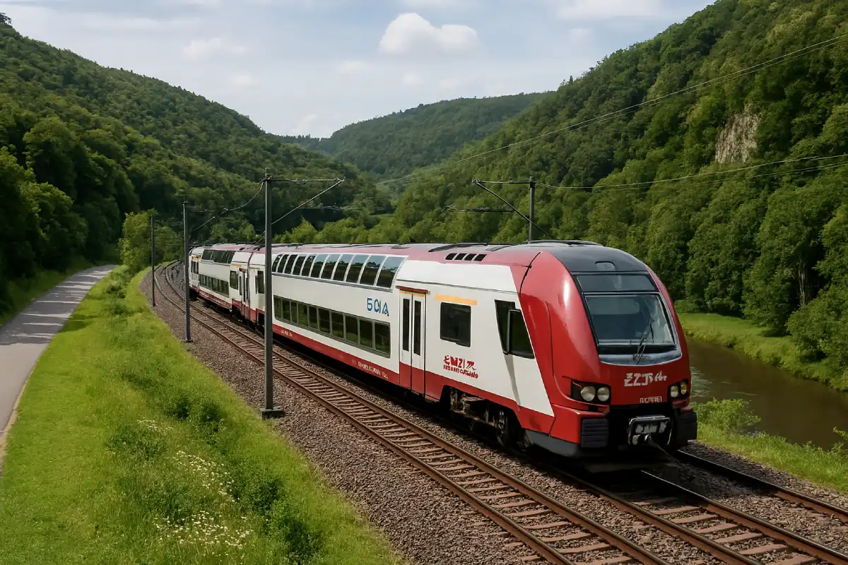 A photo of a modern train in a scenic part of Luxembourg.