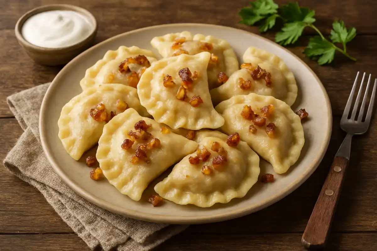A photo of a plate of traditional Polish pierogi.