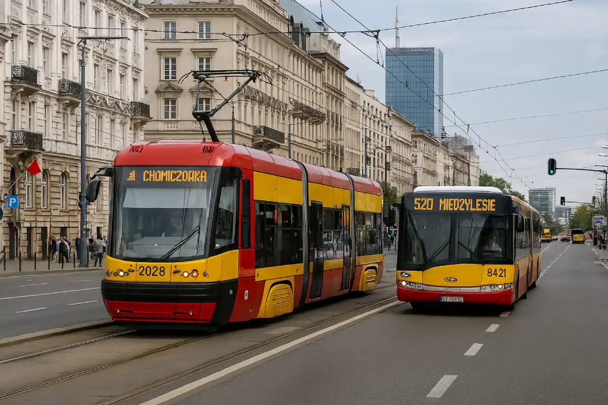 A photo of public transport in Warsaw central street.