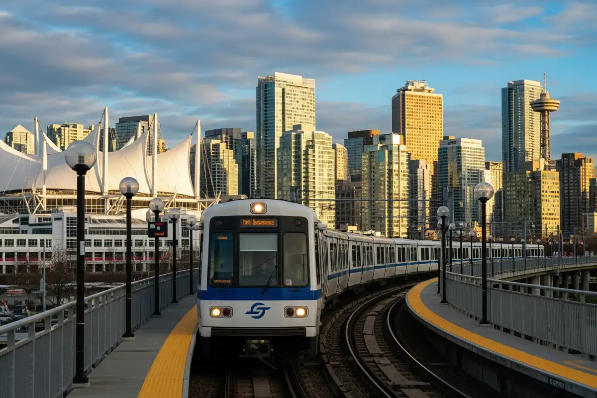 A photo of a SkyTrain departing from a station in Vancouver.