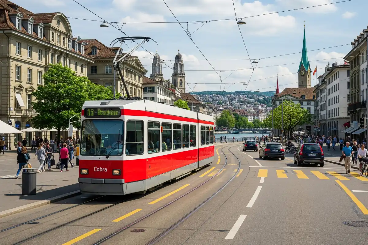 A photo of a tram in the center of Zurich with the city in the background.