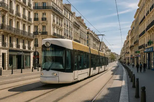 A photo of a tram in Marseille's city center.