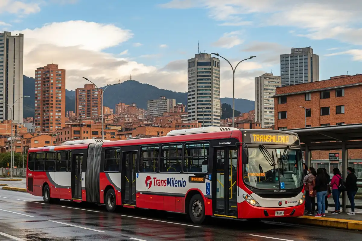 A photo of a TransMilenio bus in Bogotá.