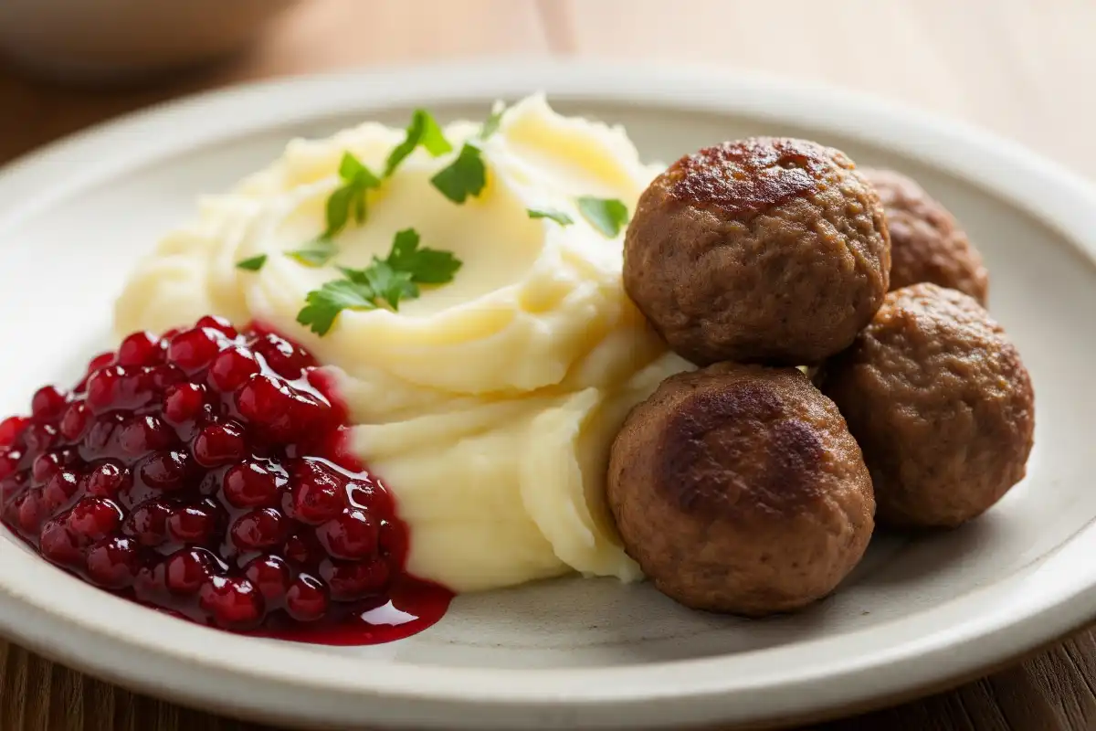 A photo of a plate of Swedish meatballs with mashed potatoes and lingonberry jam.