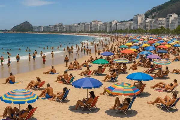 A crowded Copacabana beach with people relaxing in the sun