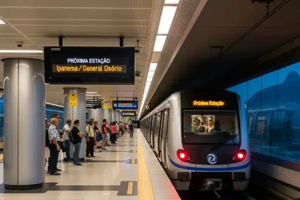 A clean and modern Rio de Janeiro Metro train arriving at a station