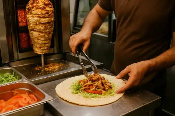 A photo of a shawarma being prepared at a street food stall in Dubai.