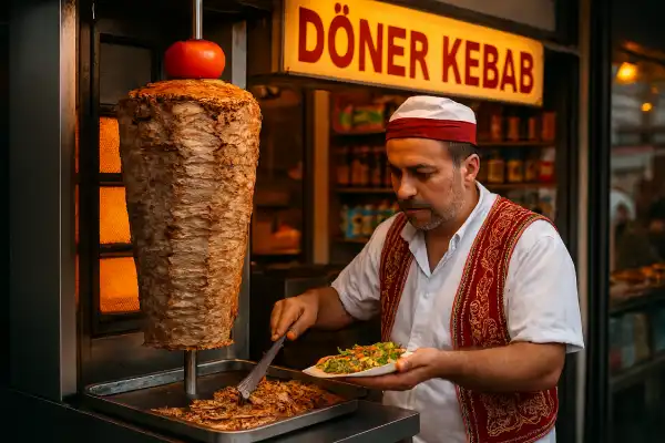 A photo of a street food vendor in Istanbul selling döner kebabs.