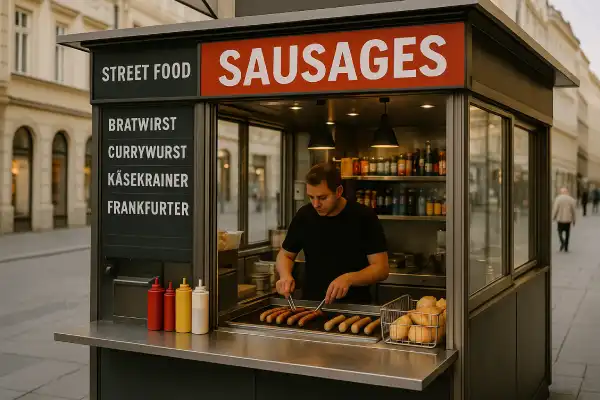 A photo of a street food stall in Vienna selling sausages.