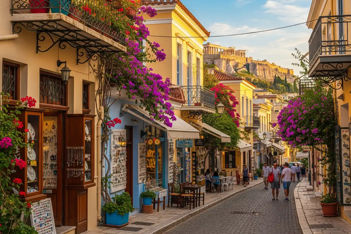 A photo of a picturesque street in the Plaka neighborhood of Athens with flowers and shops.