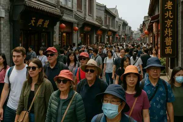 A photo of tourists walking along Beijing crowded streets.