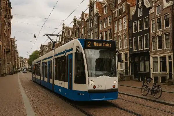 A photo of a tram in Amsterdam on a historic street.